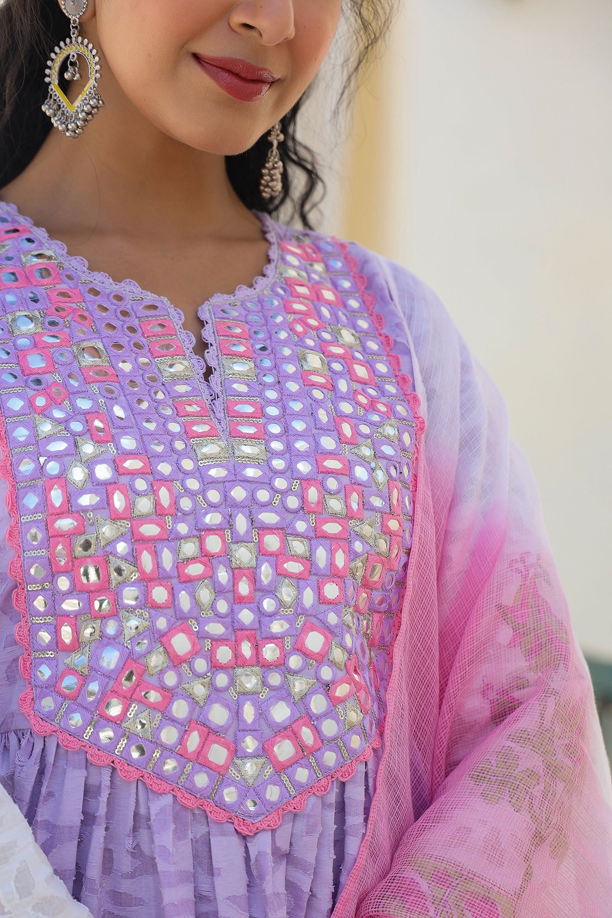 Lavender Cotton Embroidered Anarkali Suit