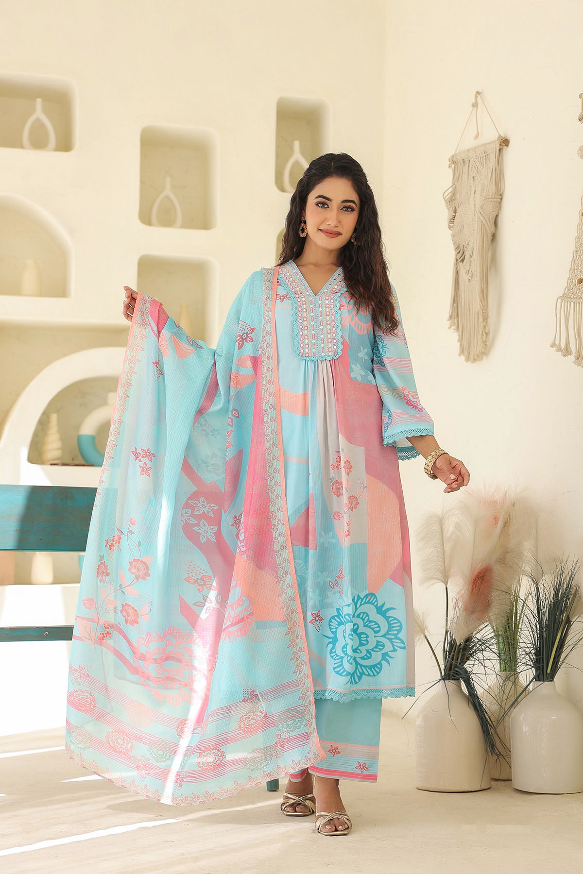 Blue Multicolor Embroidered A-Line Suit