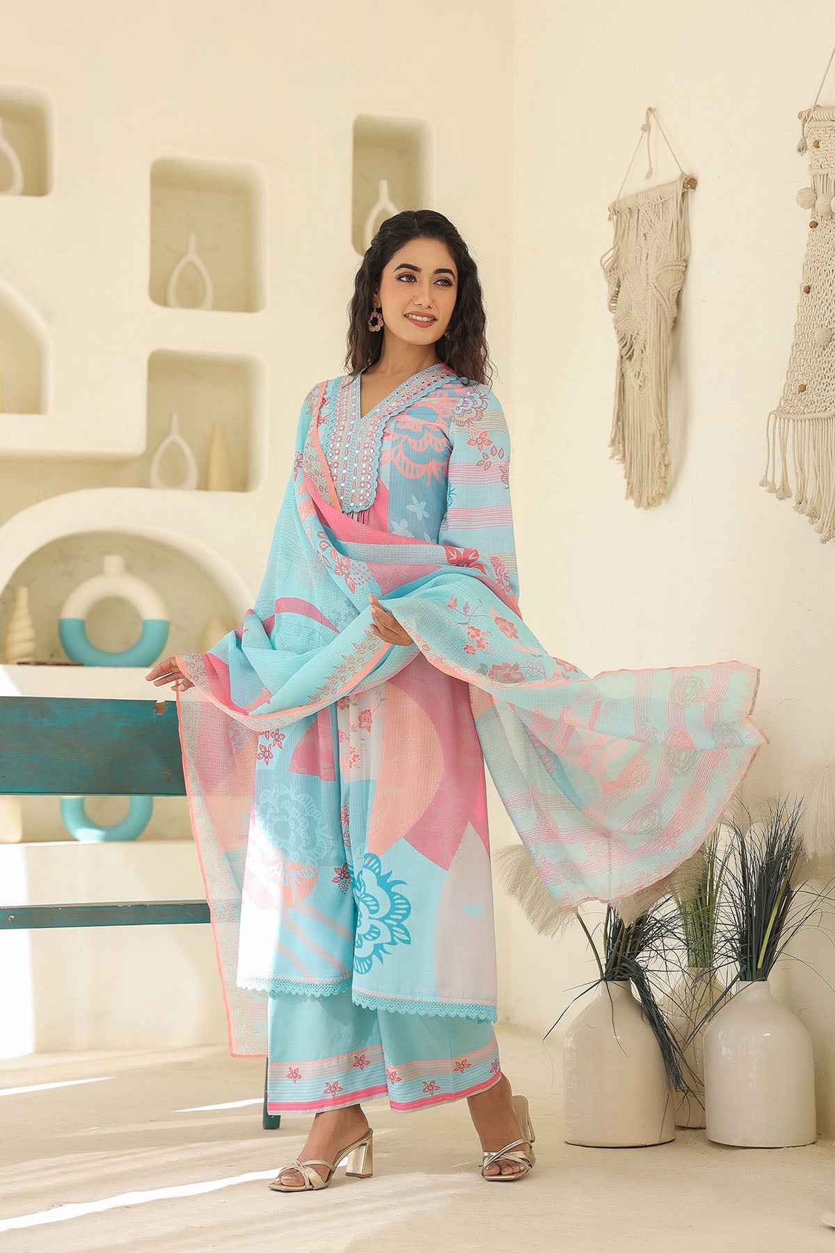 Blue Multicolor Embroidered A-Line Suit