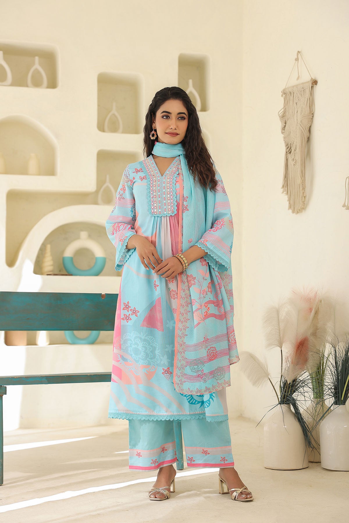 Blue Multicolor Embroidered A-Line Suit