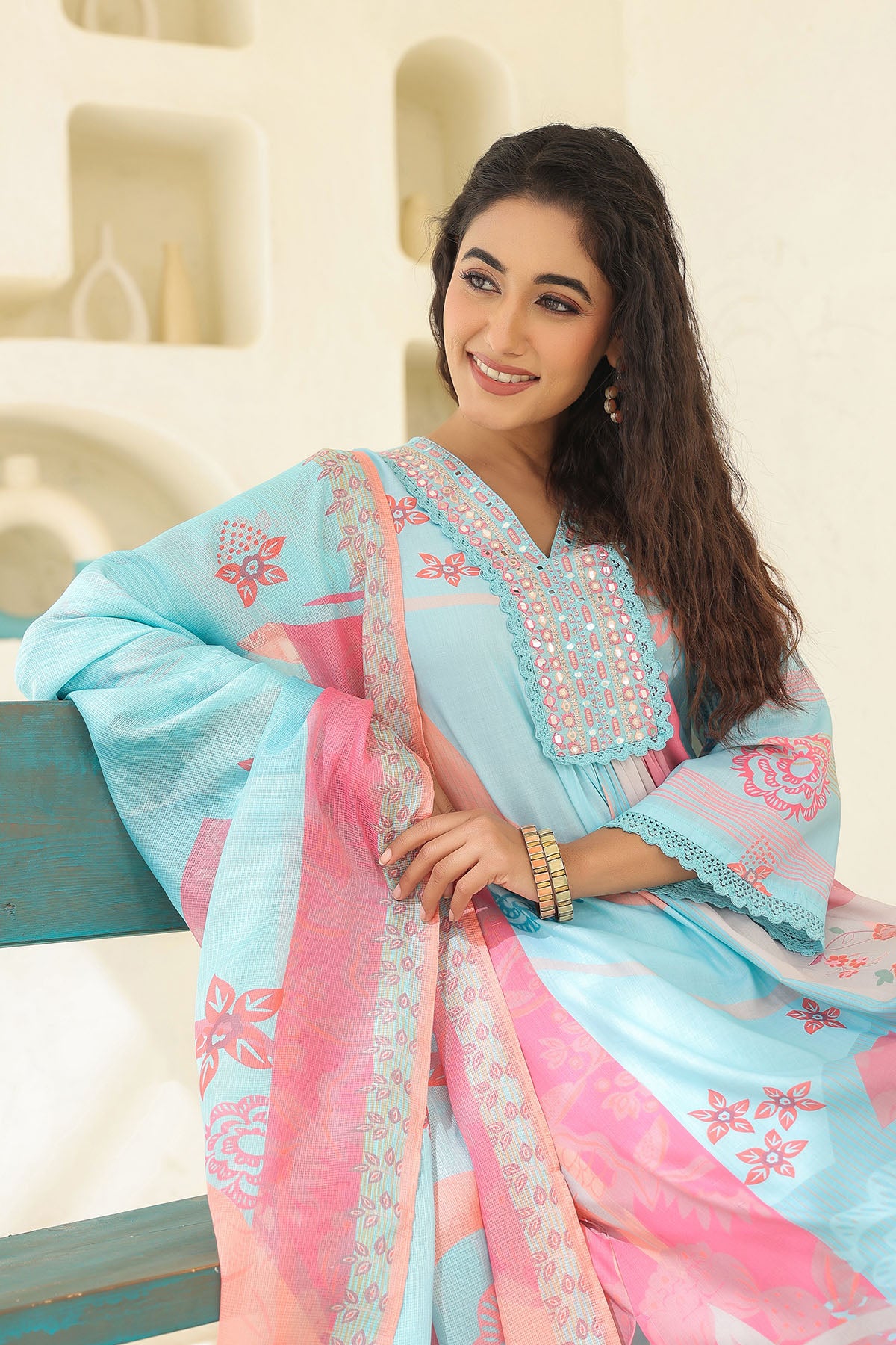 Blue Multicolor Embroidered A-Line Suit