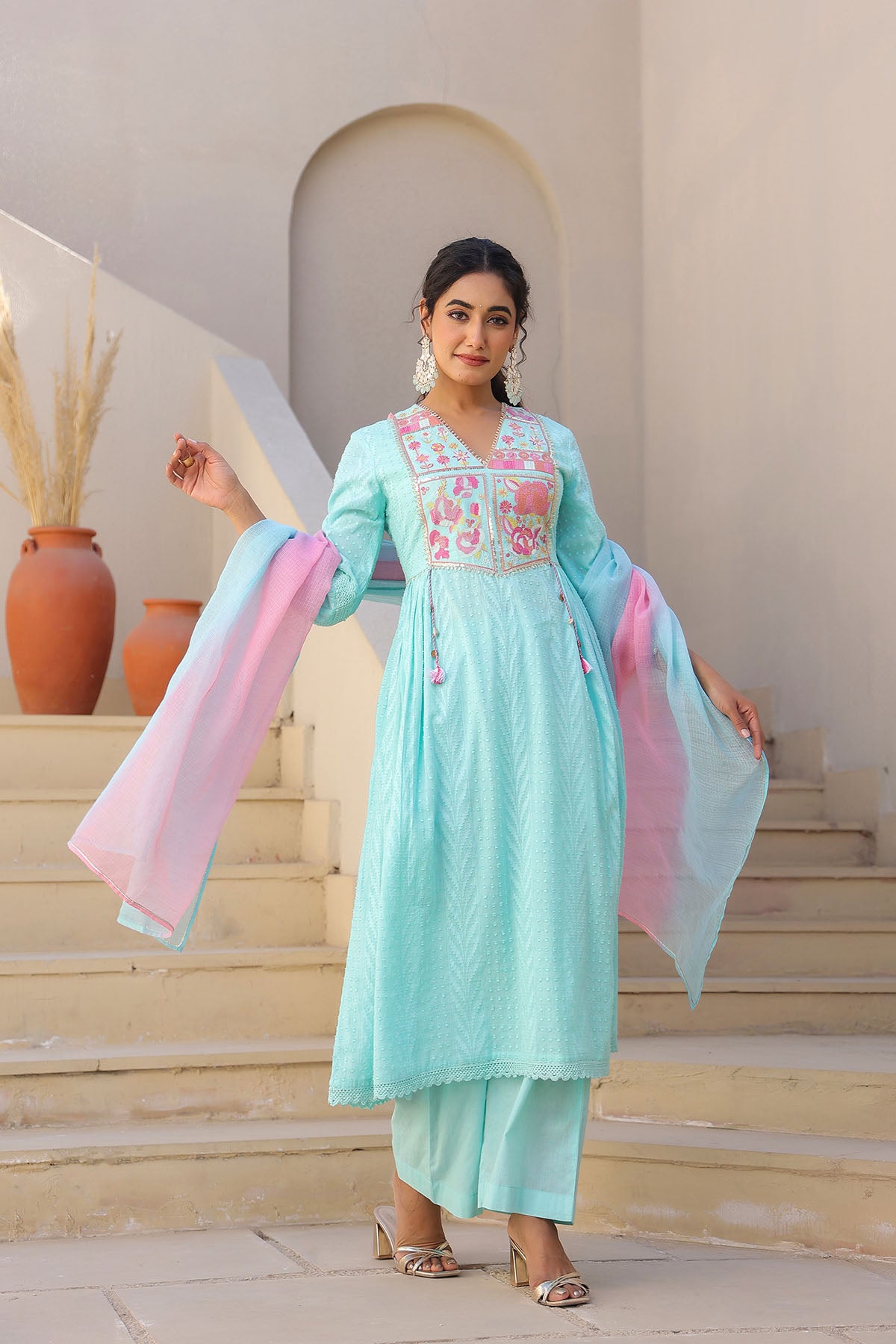 Sky Blue Cotton Embroidered Anarkali Suit