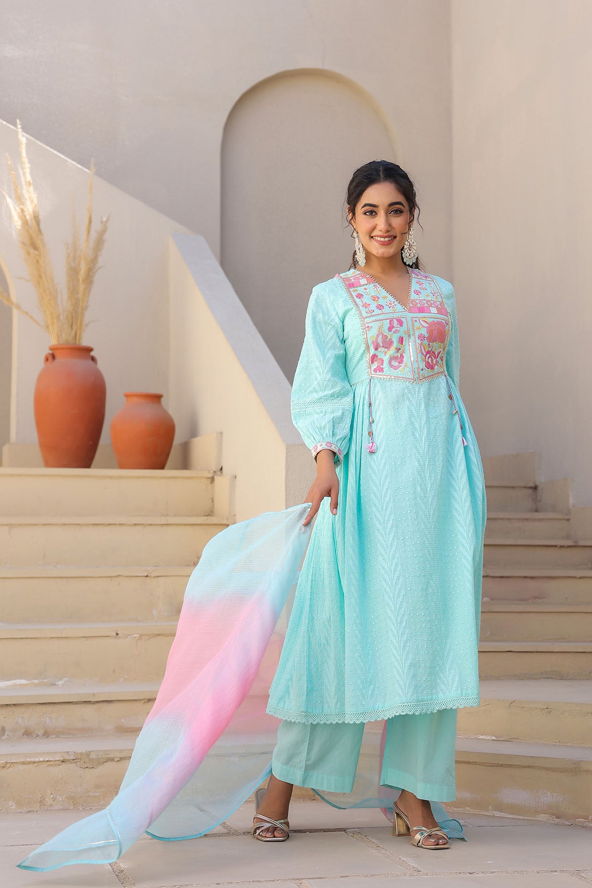 Sky Blue Cotton Embroidered Anarkali Suit