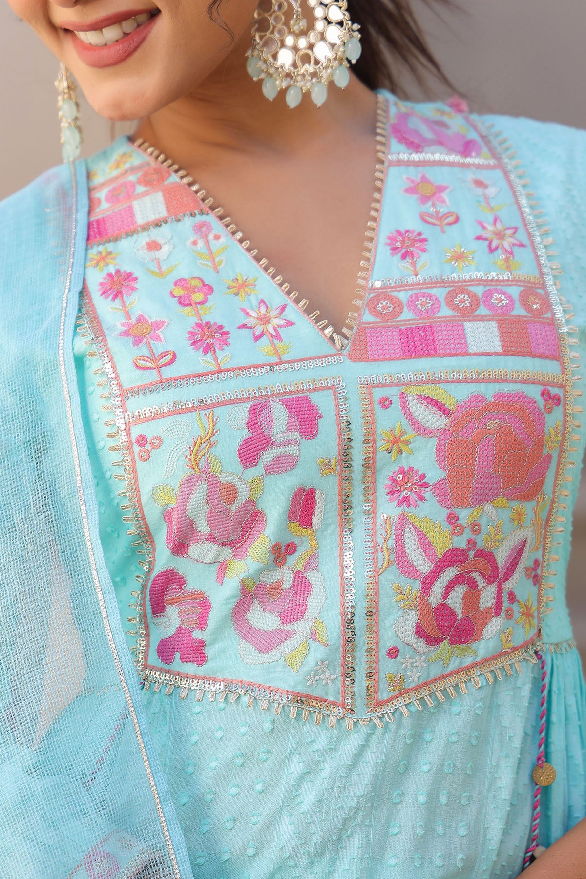 Sky Blue Cotton Embroidered Anarkali Suit