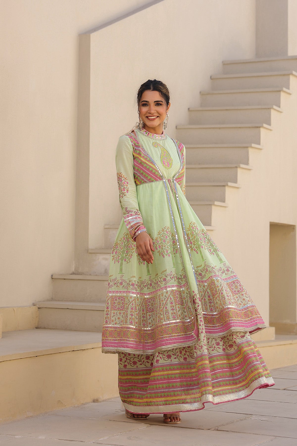 Green Multicolor Cotton Gotapatti Gown Set
