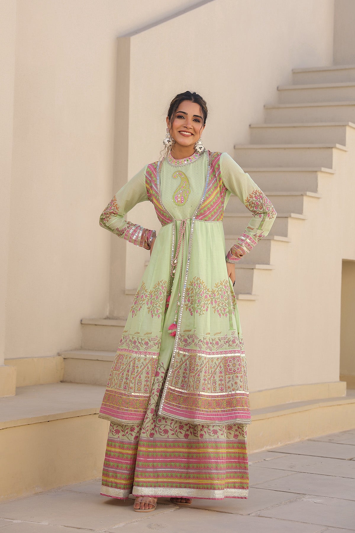 Green Multicolor Cotton Gotapatti Gown Set