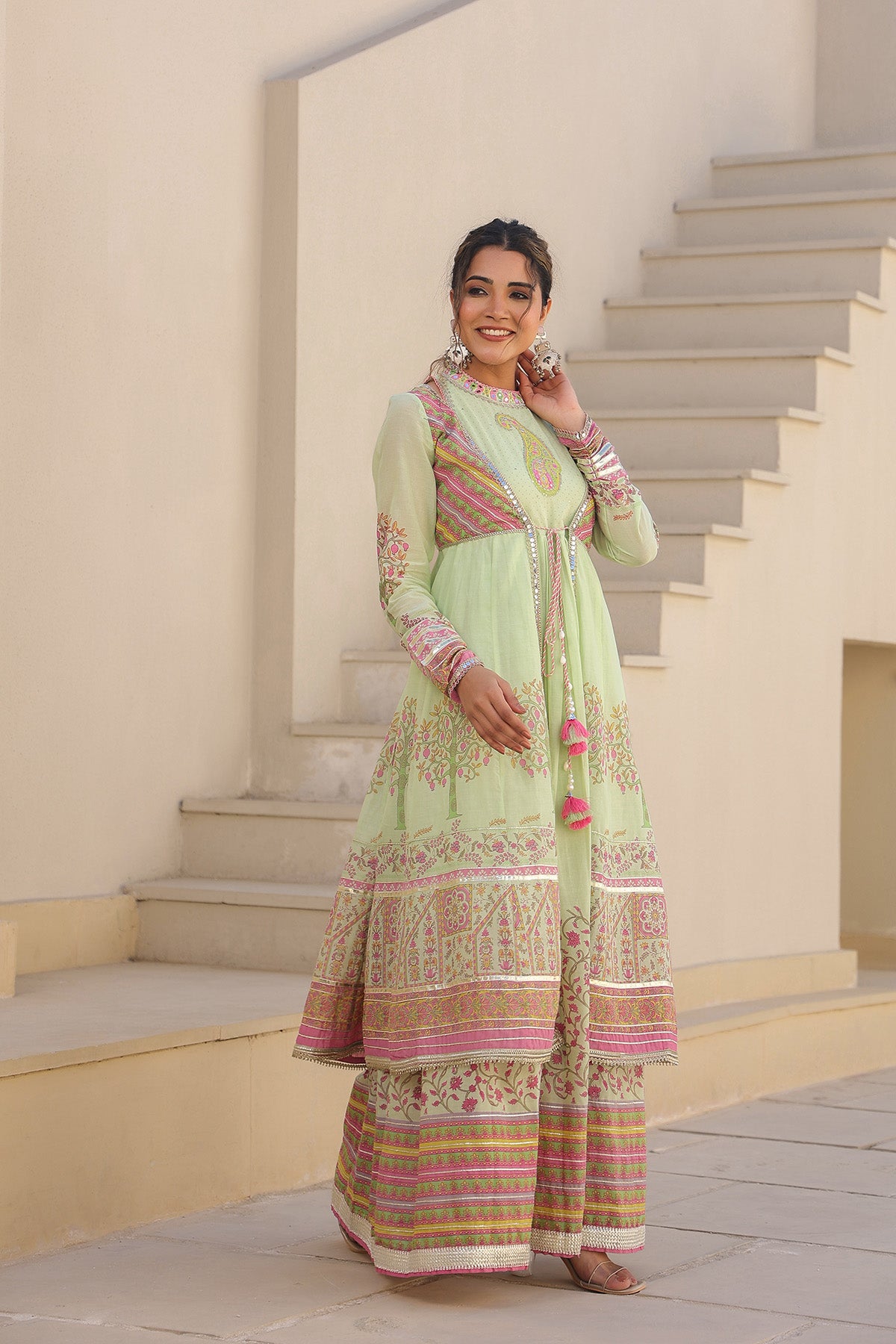 Green Multicolor Cotton Gotapatti Gown Set