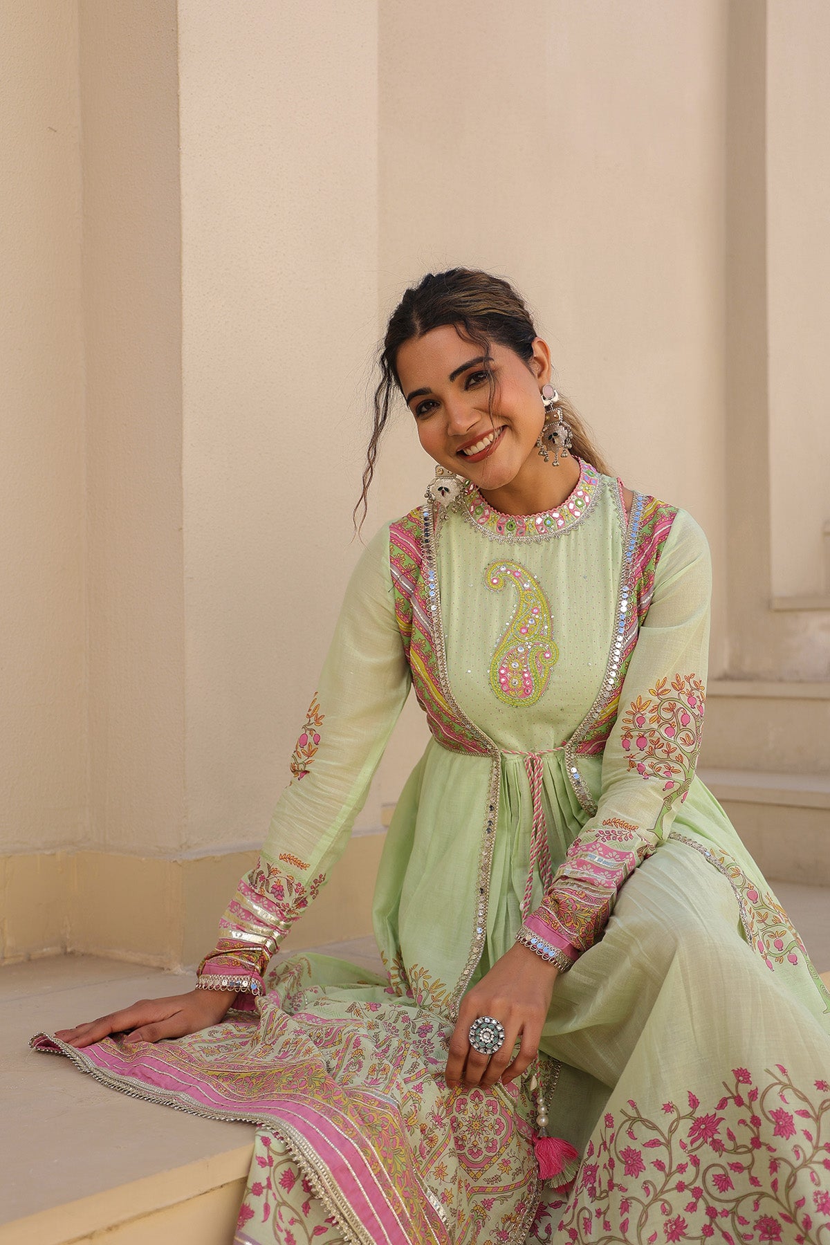 Green Multicolor Cotton Gotapatti Gown Set