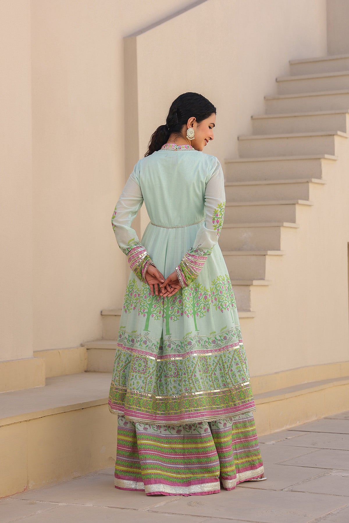 Mint Green Multicolor Cotton Gotapatti Gown Set