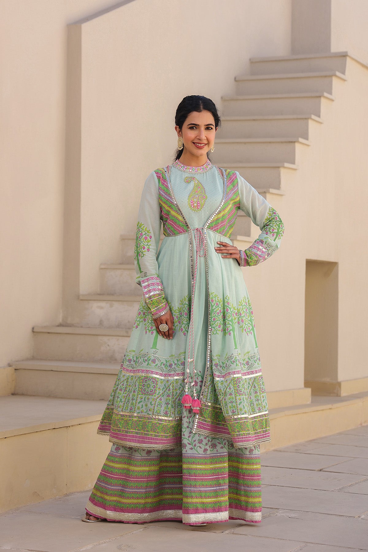 Mint Green Multicolor Cotton Gotapatti Gown Set
