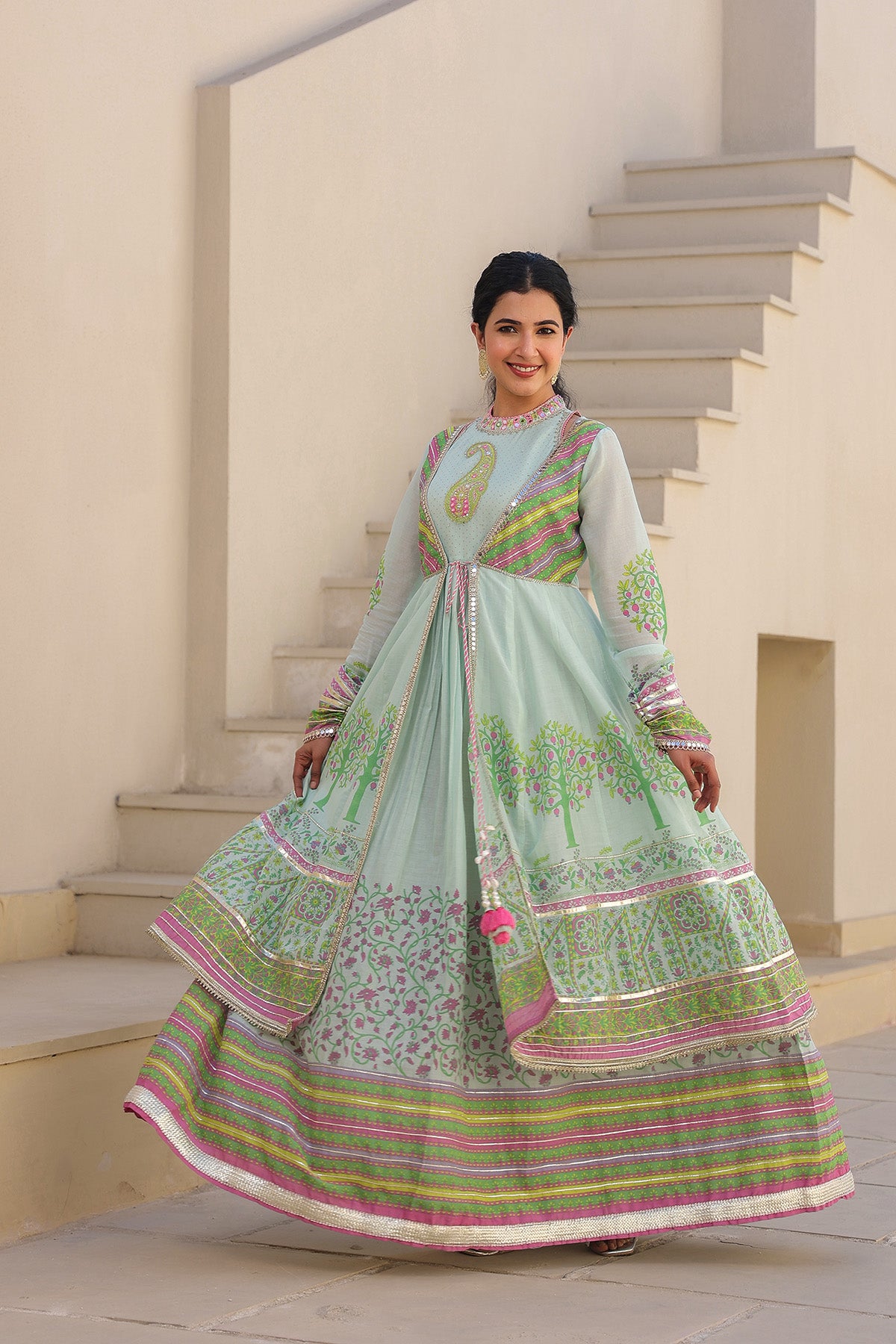 Mint Green Multicolor Cotton Gotapatti Gown Set