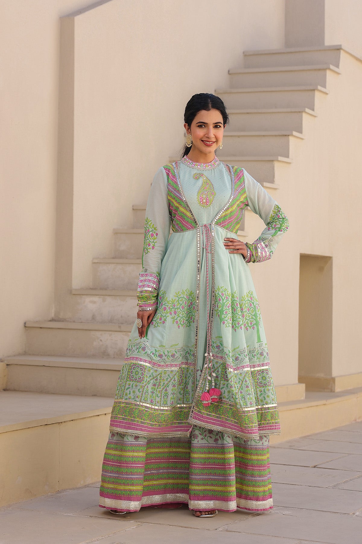 Mint Green Multicolor Cotton Gotapatti Gown Set