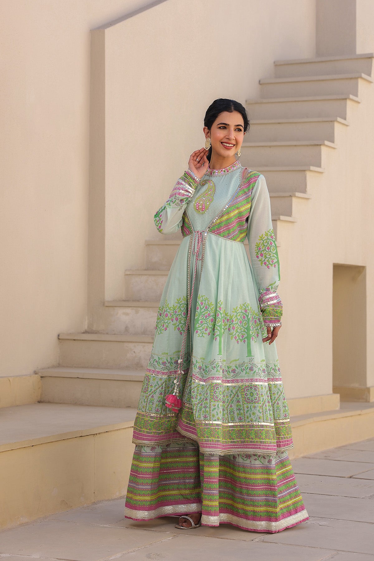 Mint Green Multicolor Cotton Gotapatti Gown Set