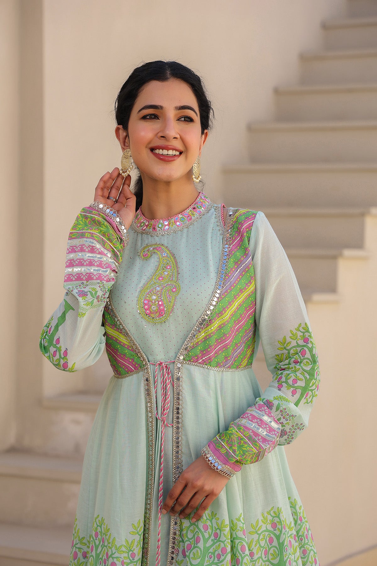 Mint Green Multicolor Cotton Gotapatti Gown Set
