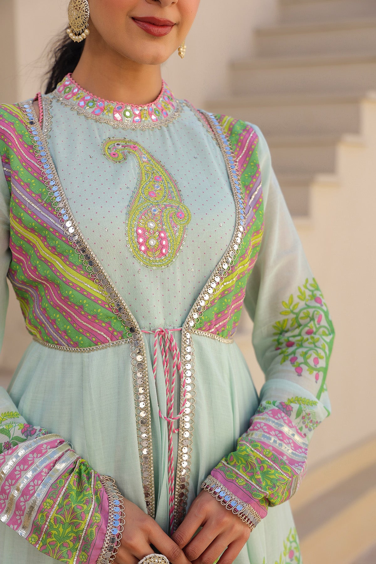 Mint Green Multicolor Cotton Gotapatti Gown Set