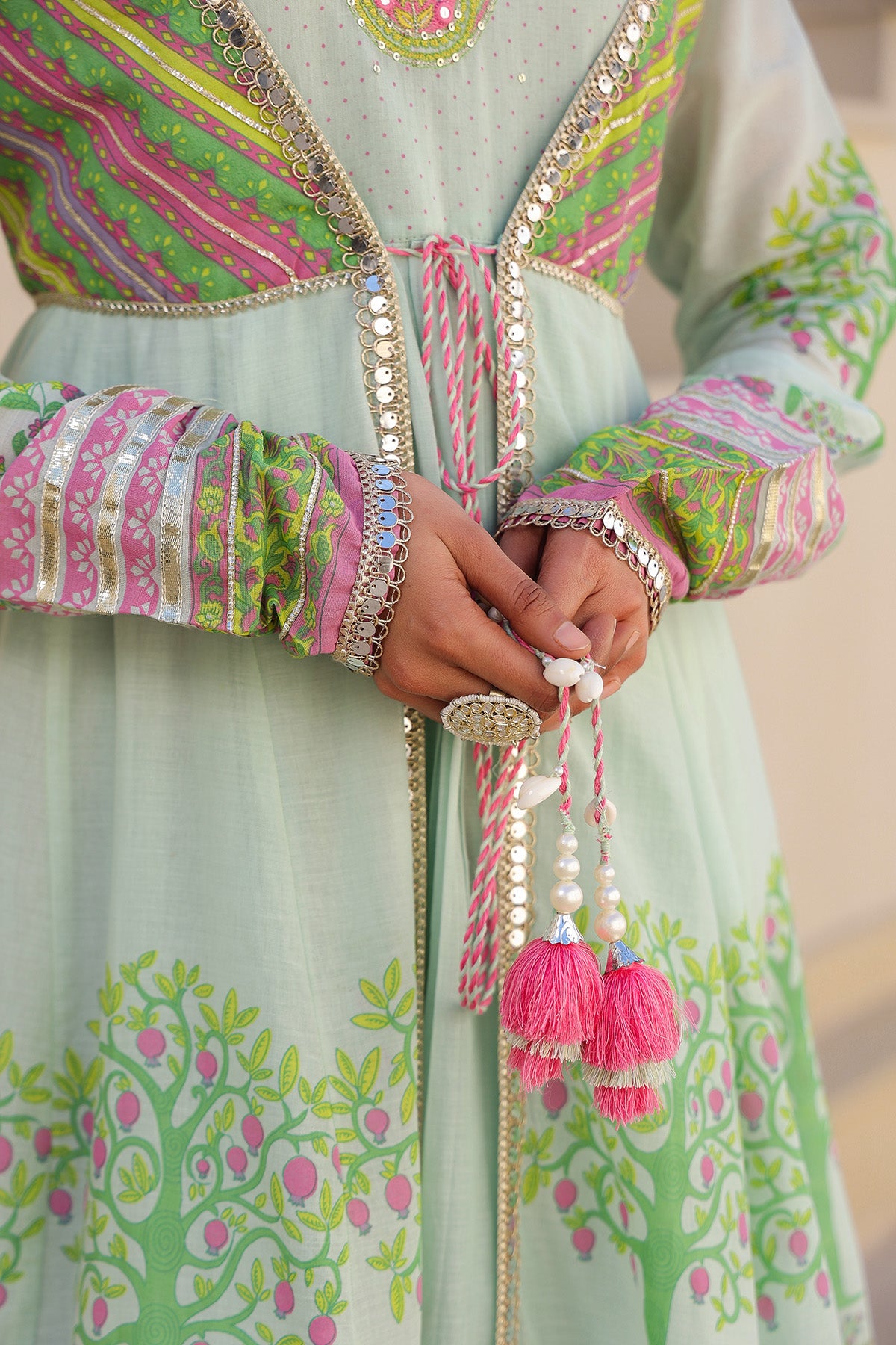 Mint Green Multicolor Cotton Gotapatti Gown Set