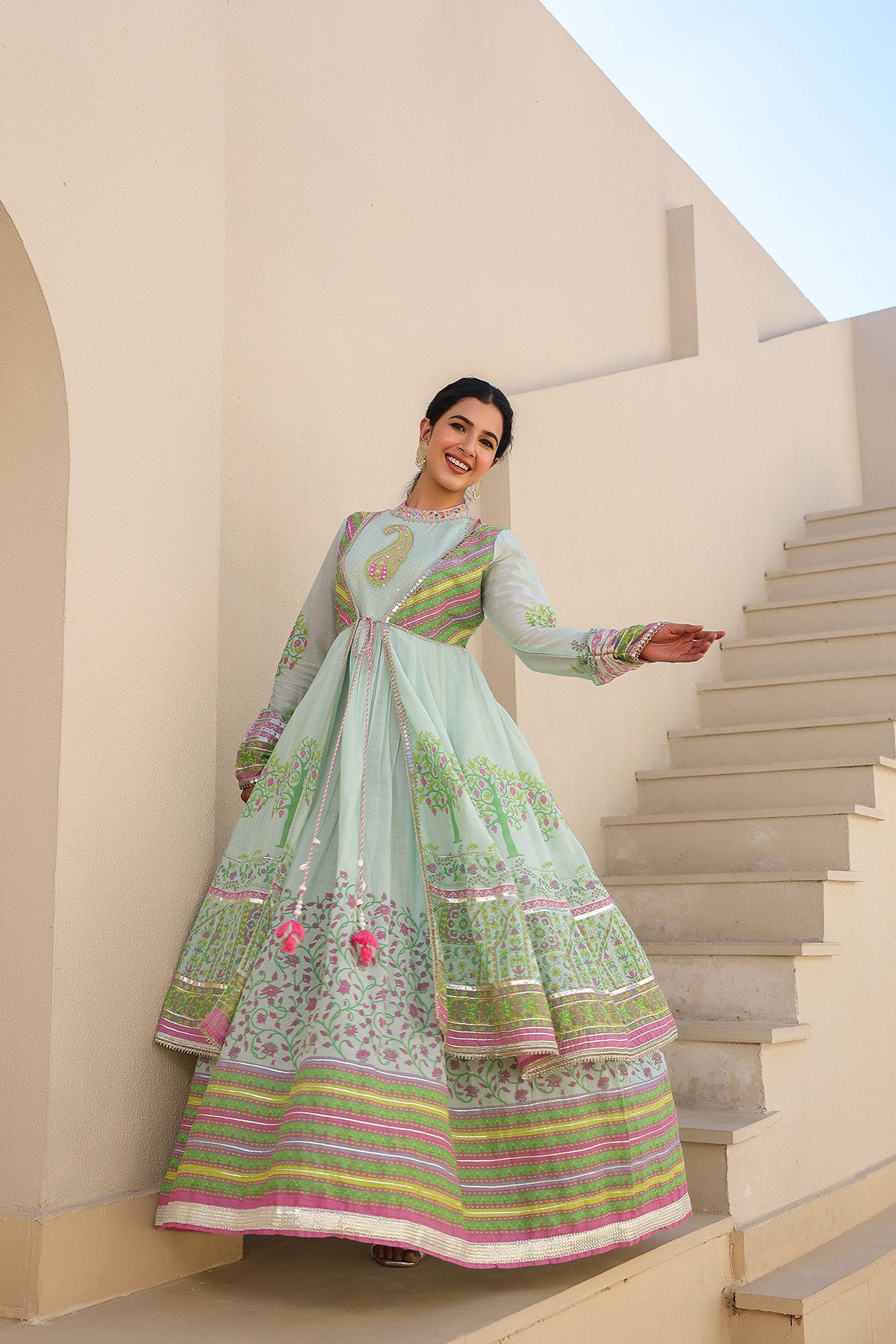 Mint Green Multicolor Cotton Gotapatti Gown Set