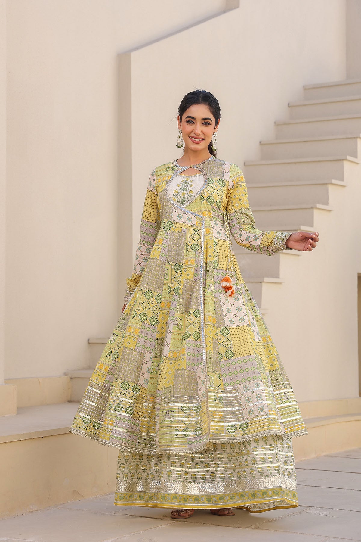 Yellow Multicolor Cotton Gotapatti Gown Set