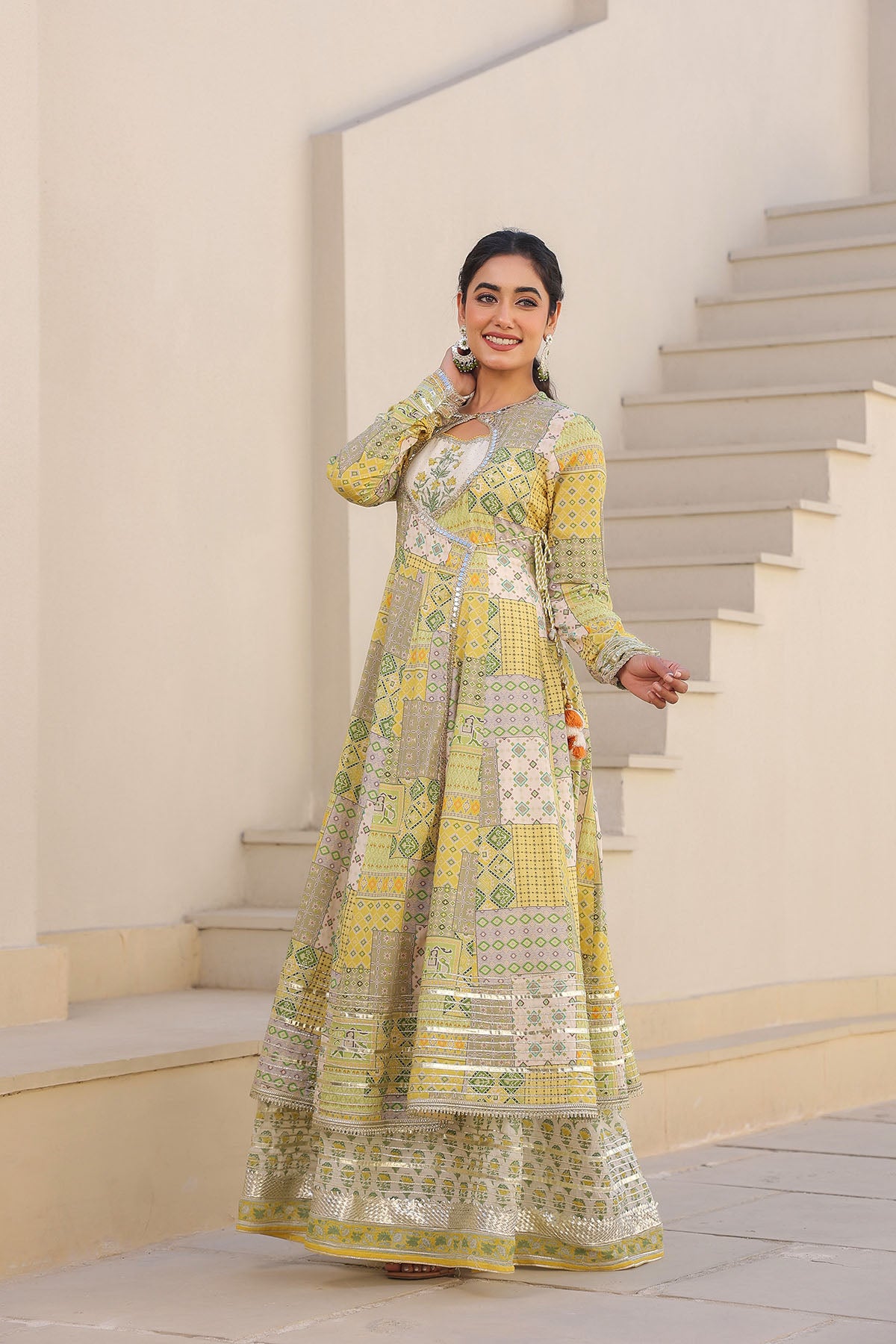 Yellow Multicolor Cotton Gotapatti Gown Set