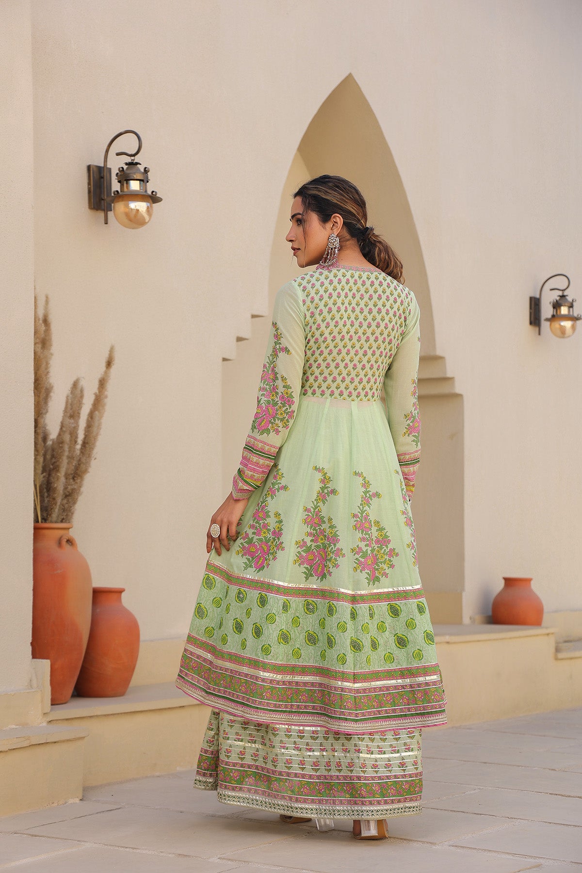 Green Cotton Gotapatti Gown Set