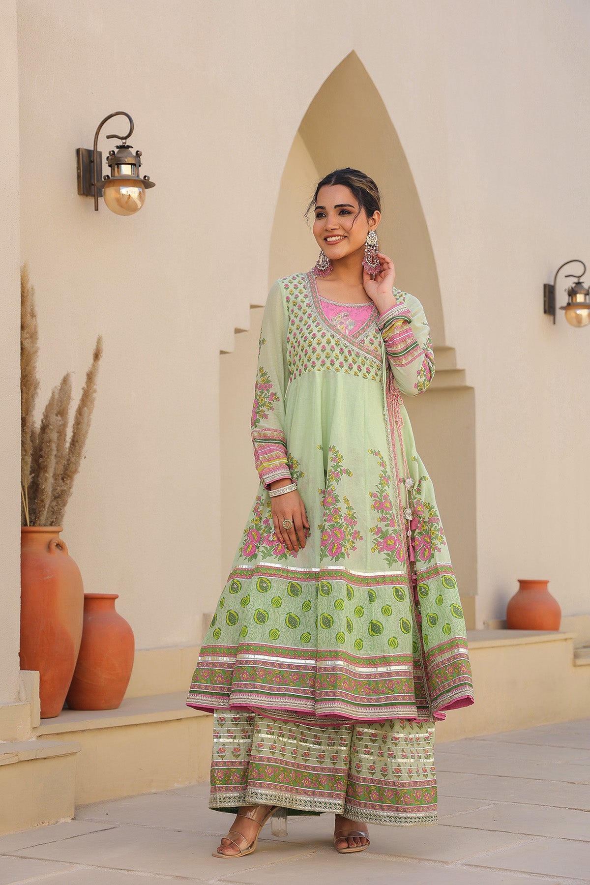 Green Cotton Gotapatti Gown Set