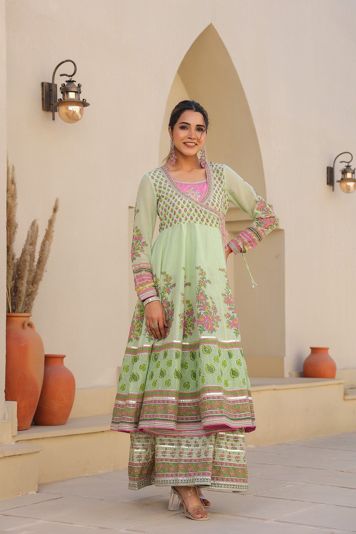 Green Cotton Gotapatti Gown Set