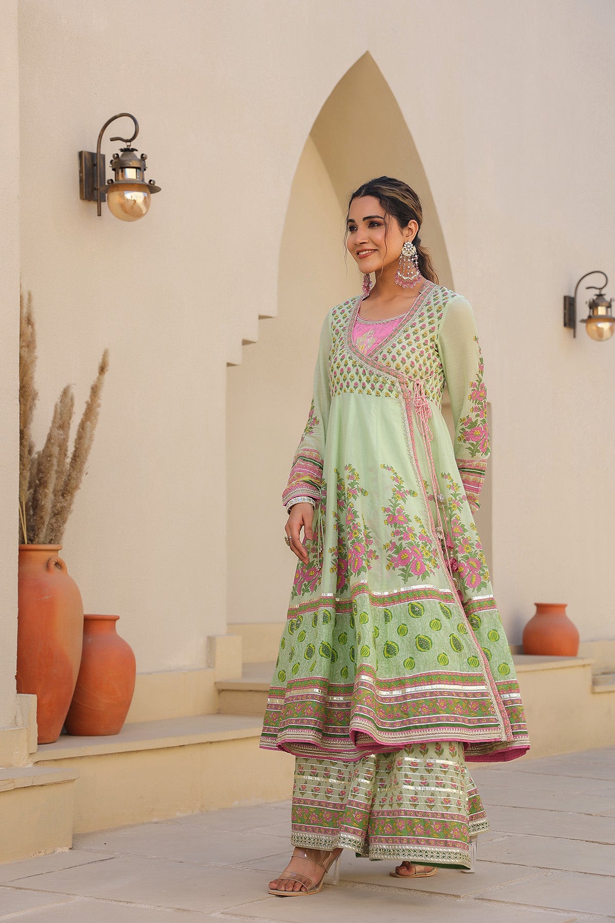 Green Cotton Gotapatti Gown Set