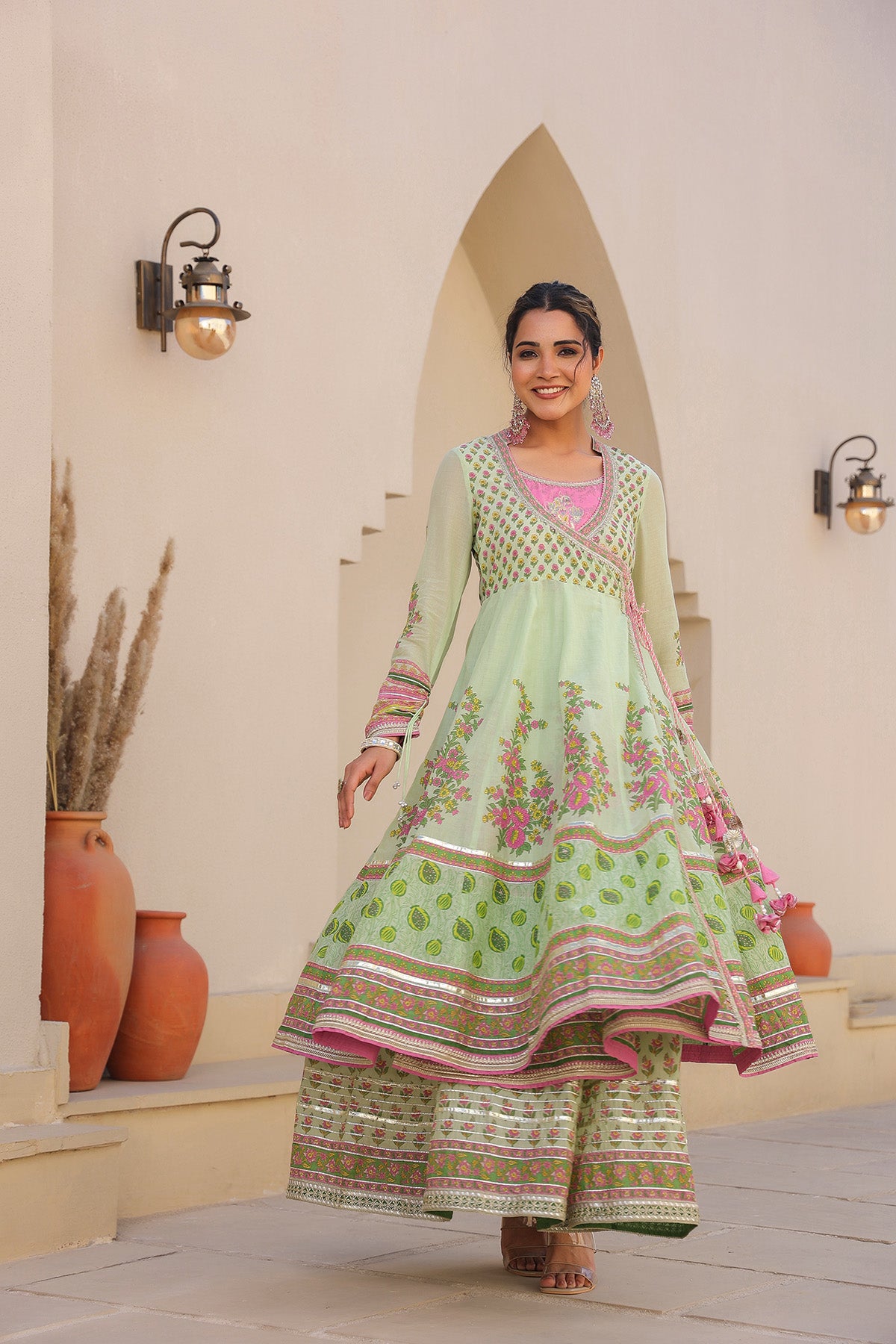 Green Cotton Gotapatti Gown Set