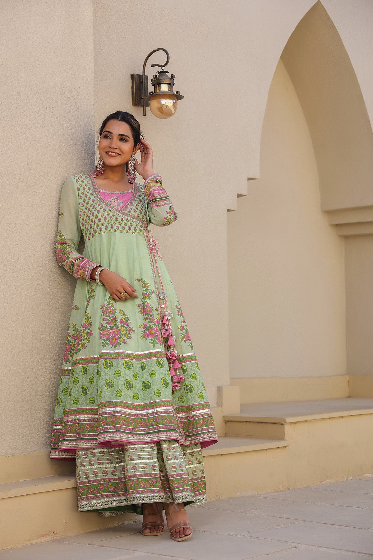 Green Cotton Gotapatti Gown Set