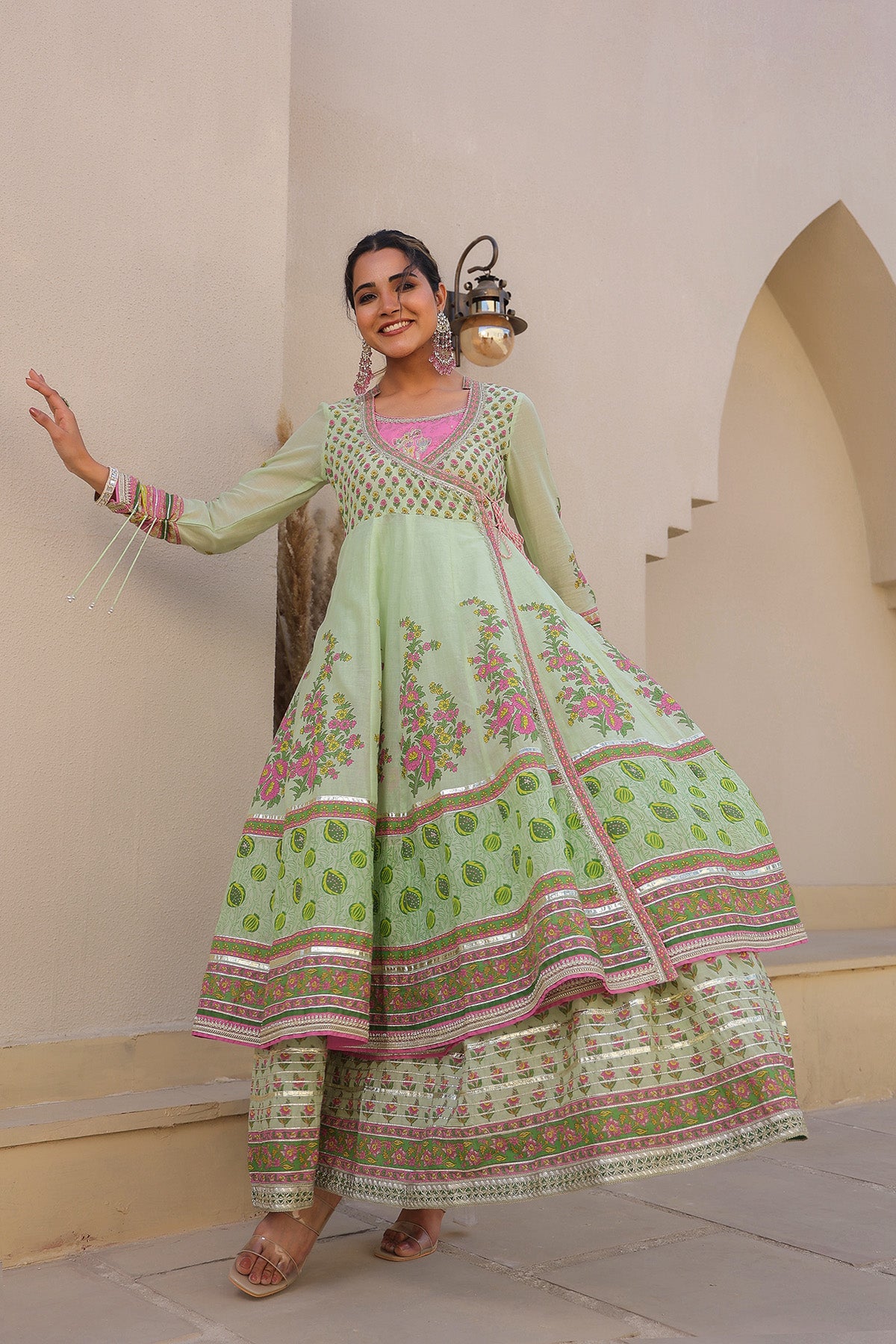 Green Cotton Gotapatti Gown Set