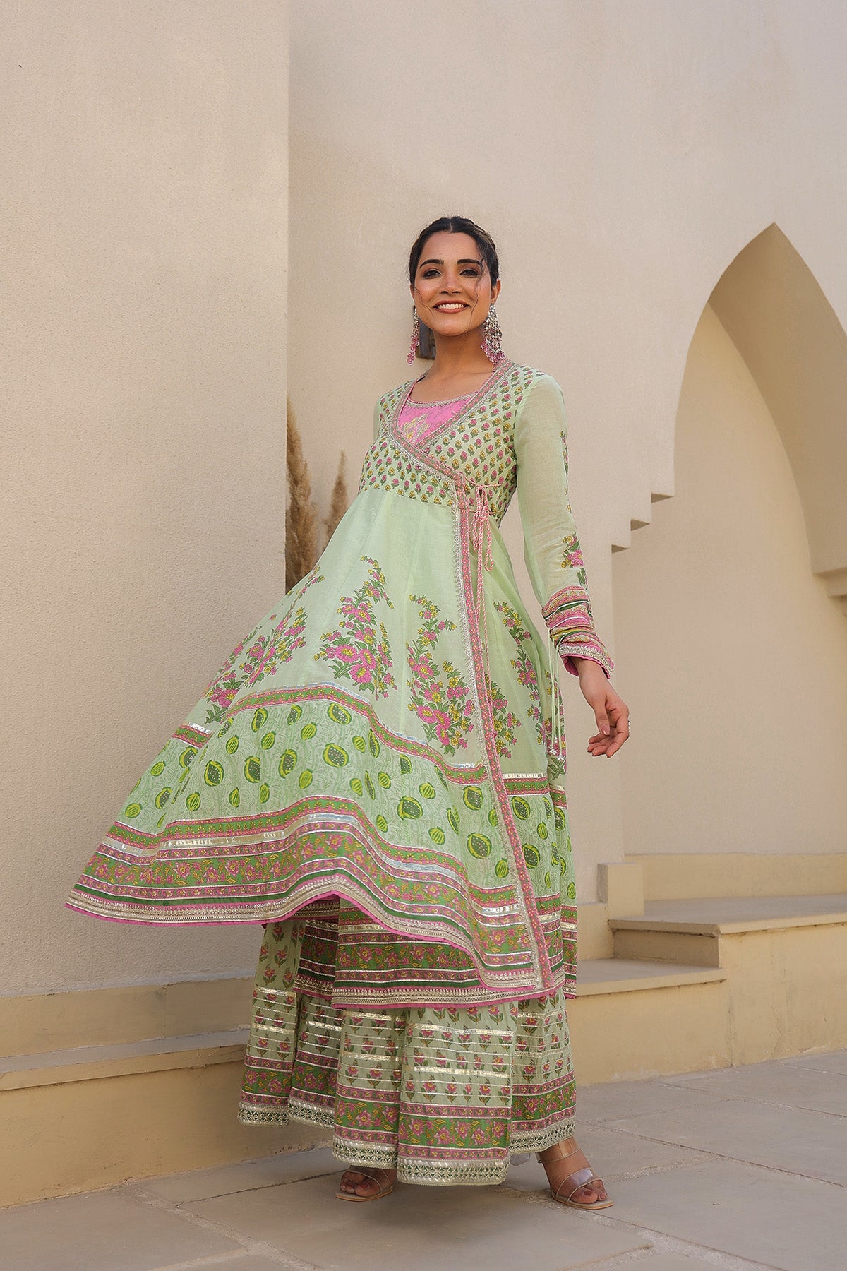 Green Cotton Gotapatti Gown Set