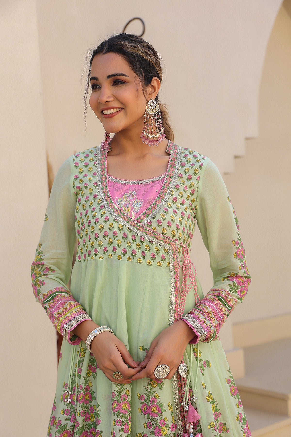 Green Cotton Gotapatti Gown Set