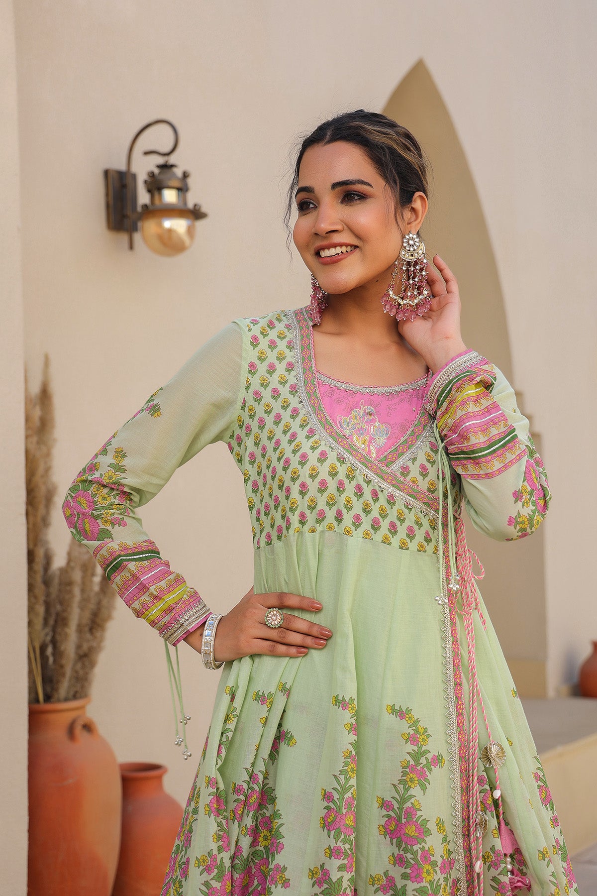 Green Cotton Gotapatti Gown Set