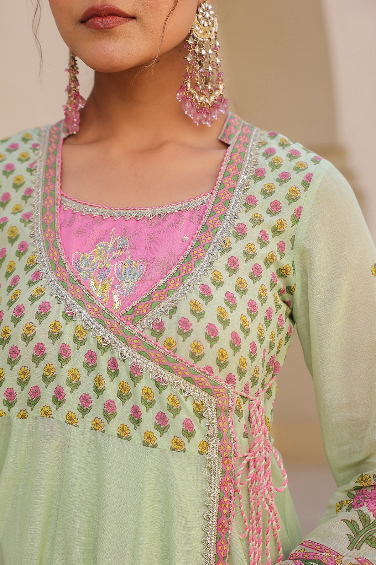 Green Cotton Gotapatti Gown Set