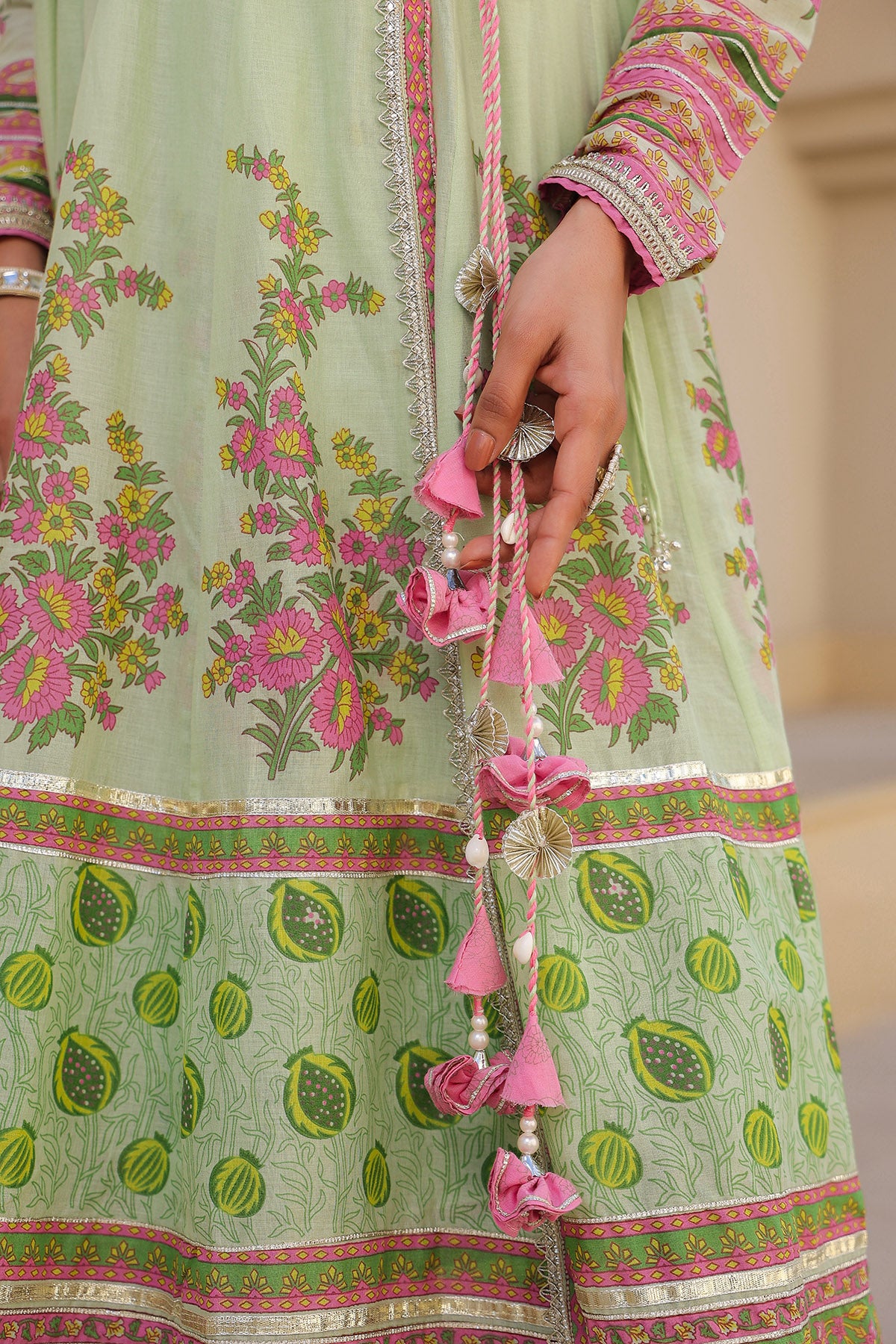 Green Cotton Gotapatti Gown Set