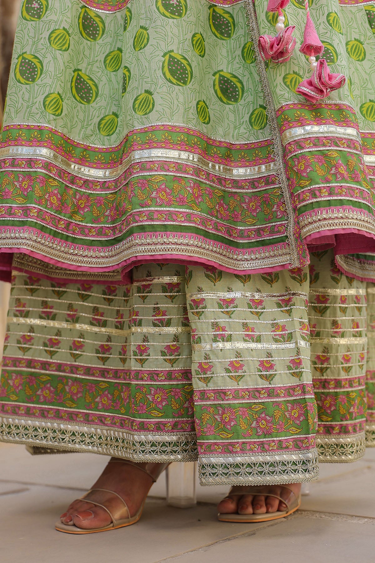Green Cotton Gotapatti Gown Set