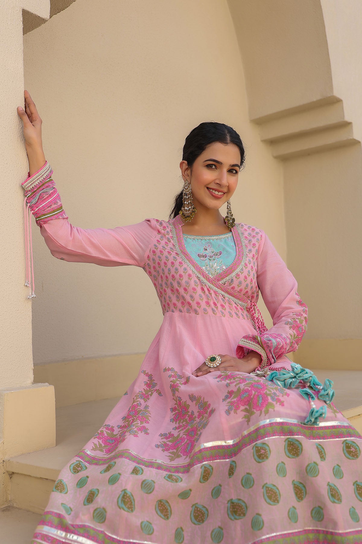 Pink Cotton Gotapatti Gown Set