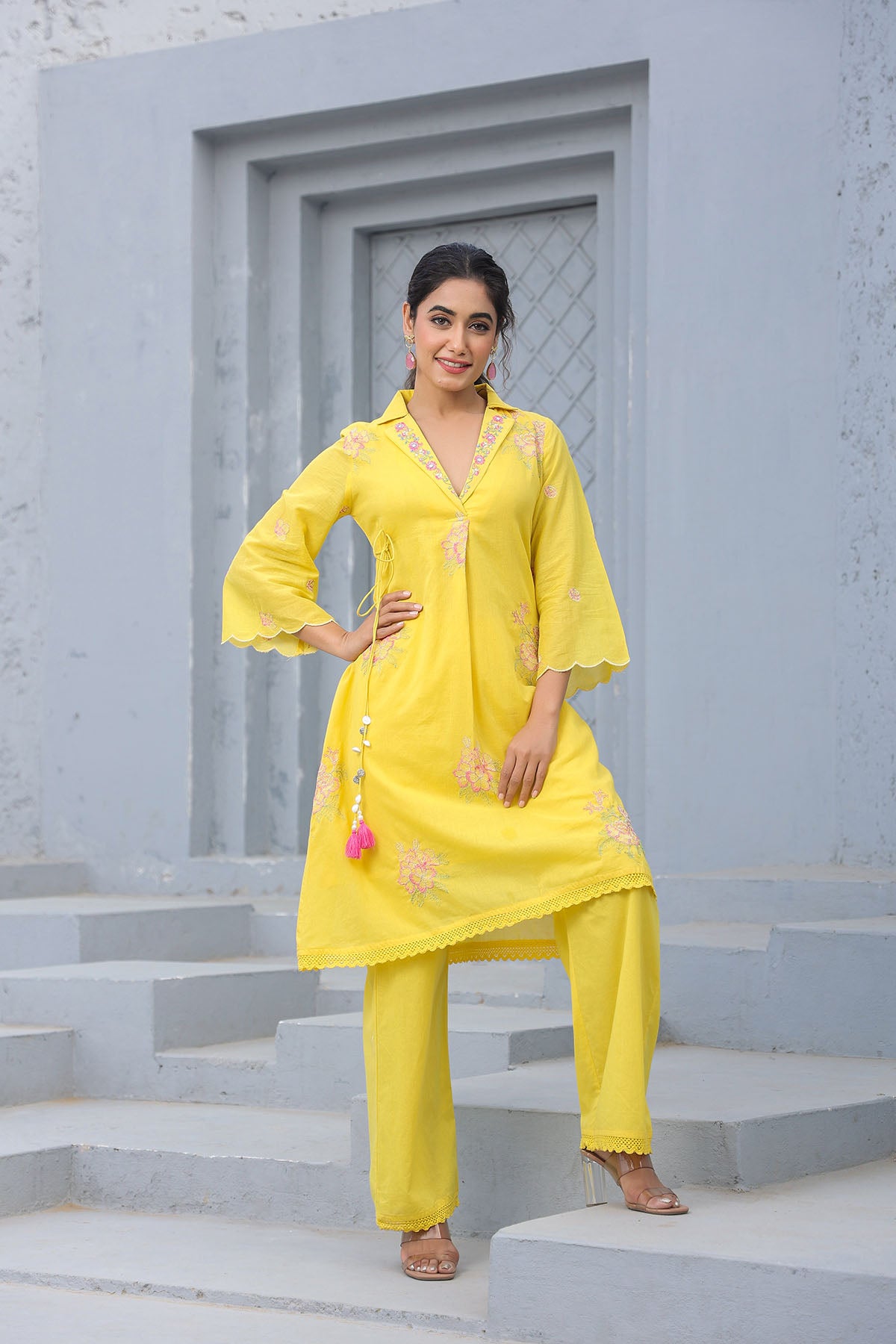 Yellow Cotton Embroidered Co-Ord Set