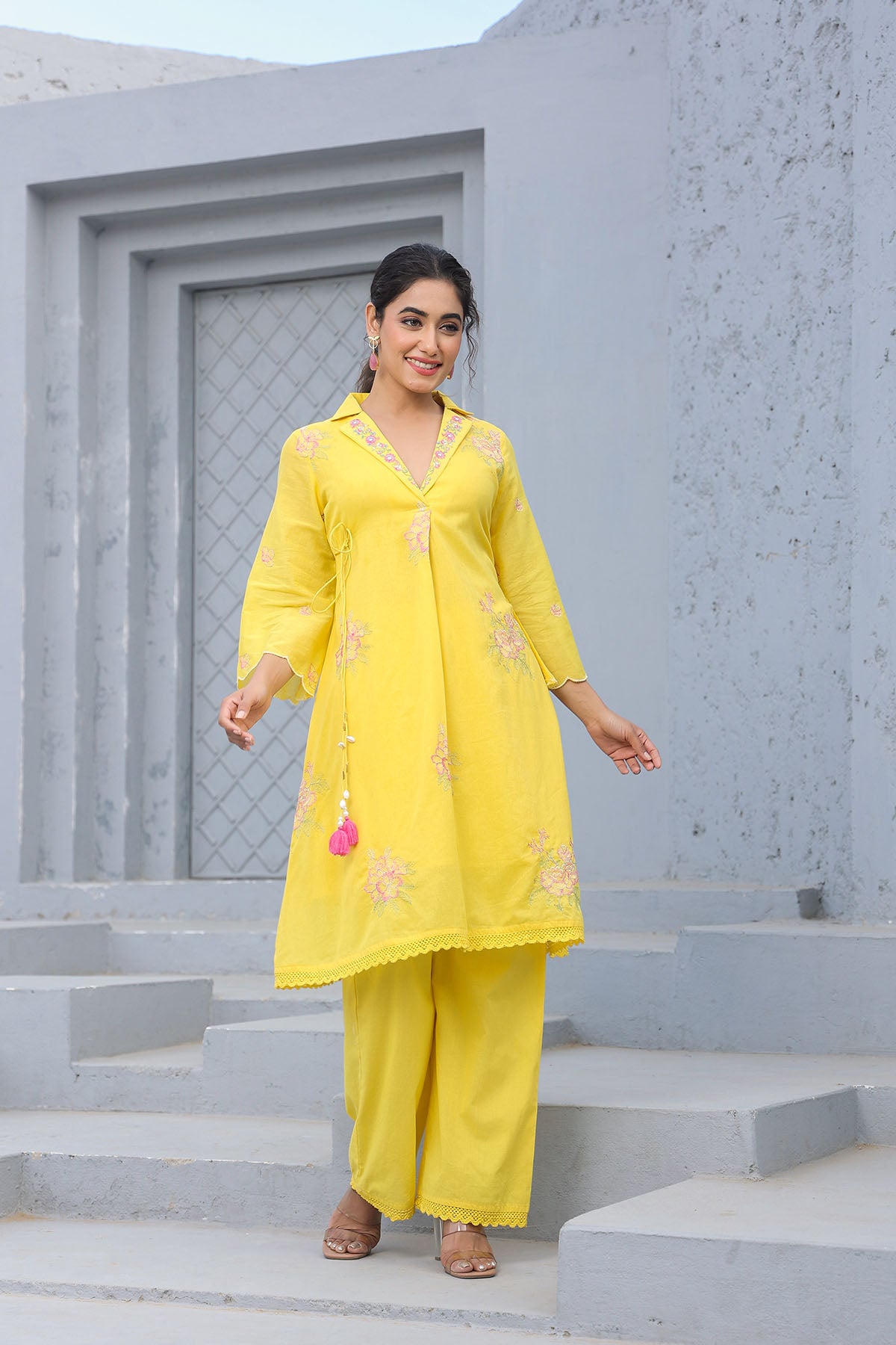 Yellow Cotton Embroidered Co-Ord Set
