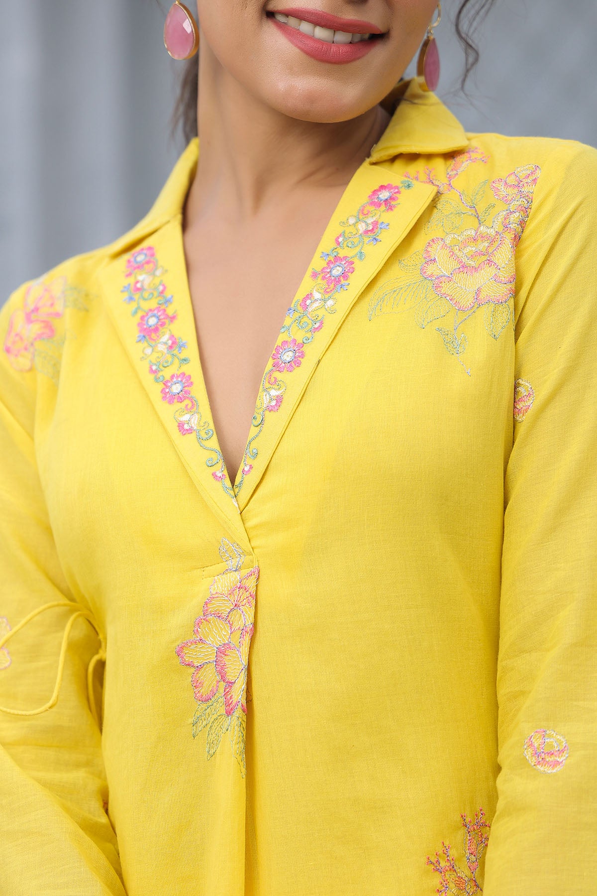 Yellow Cotton Embroidered Co-Ord Set
