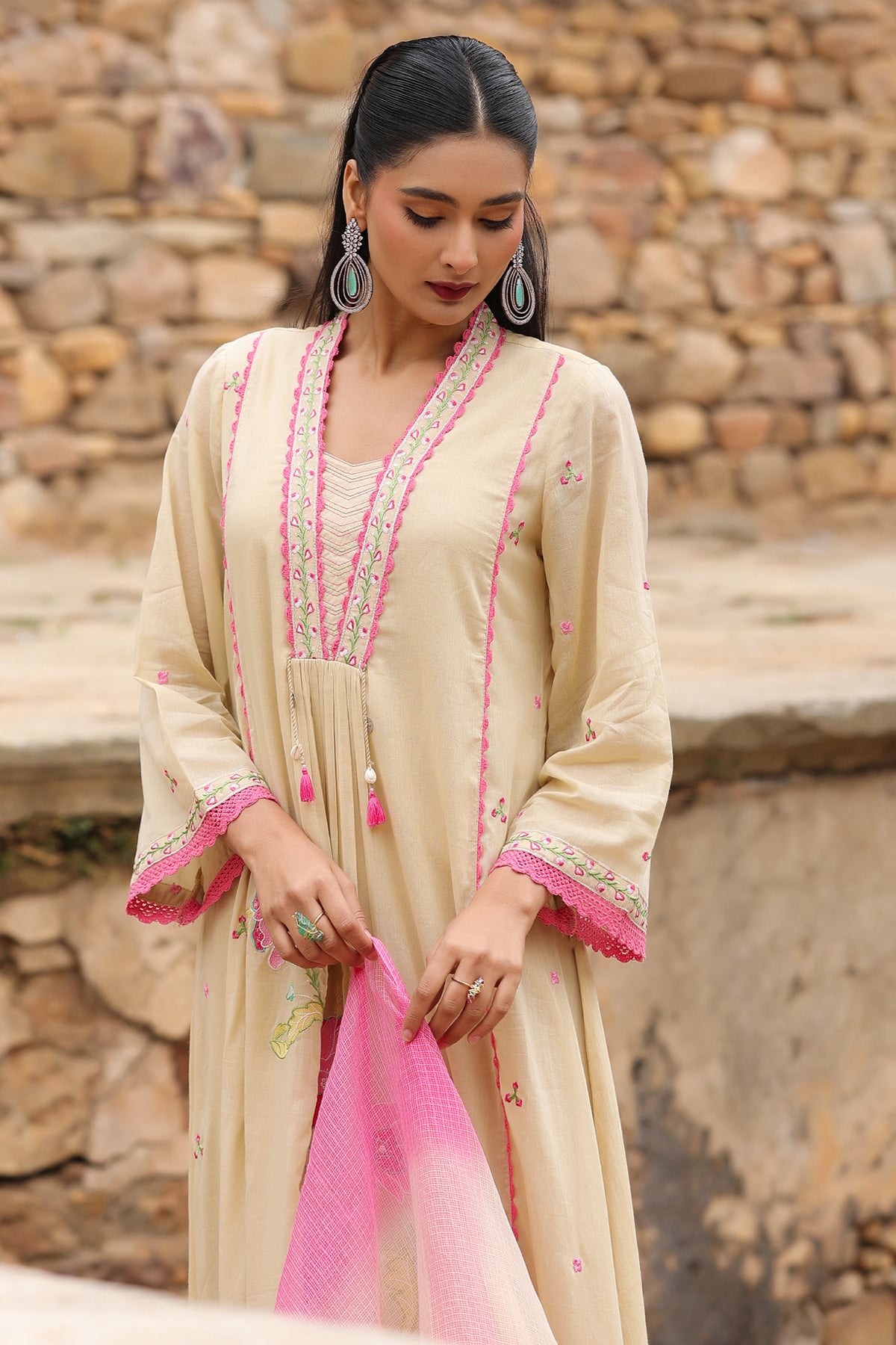 Beige Mul Mul Embroidered Suit Set With Dupataa