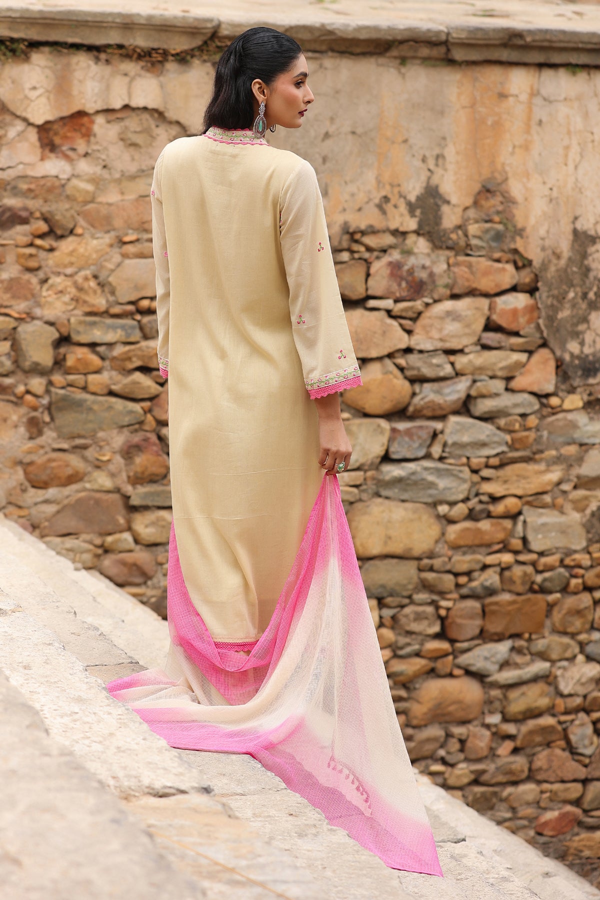 Beige Mul Mul Embroidered Suit Set With Dupataa