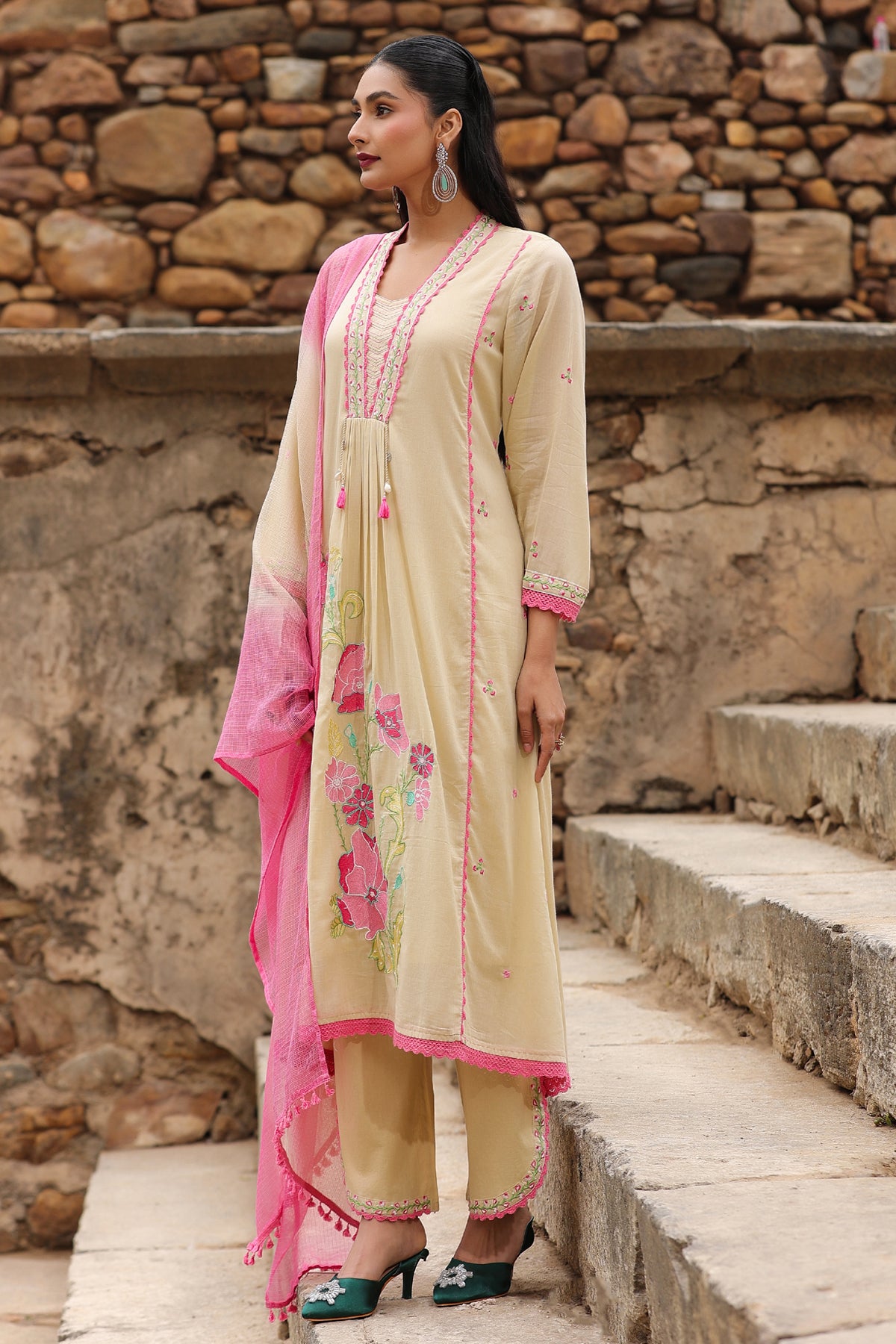 Beige Mul Mul Embroidered Suit Set With Dupataa