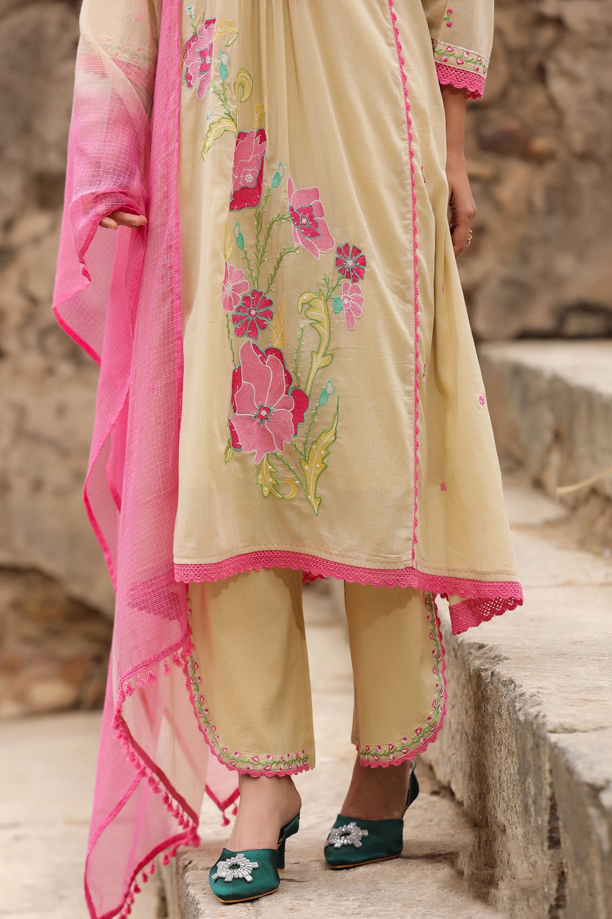 Beige Mul Mul Embroidered Suit Set With Dupataa
