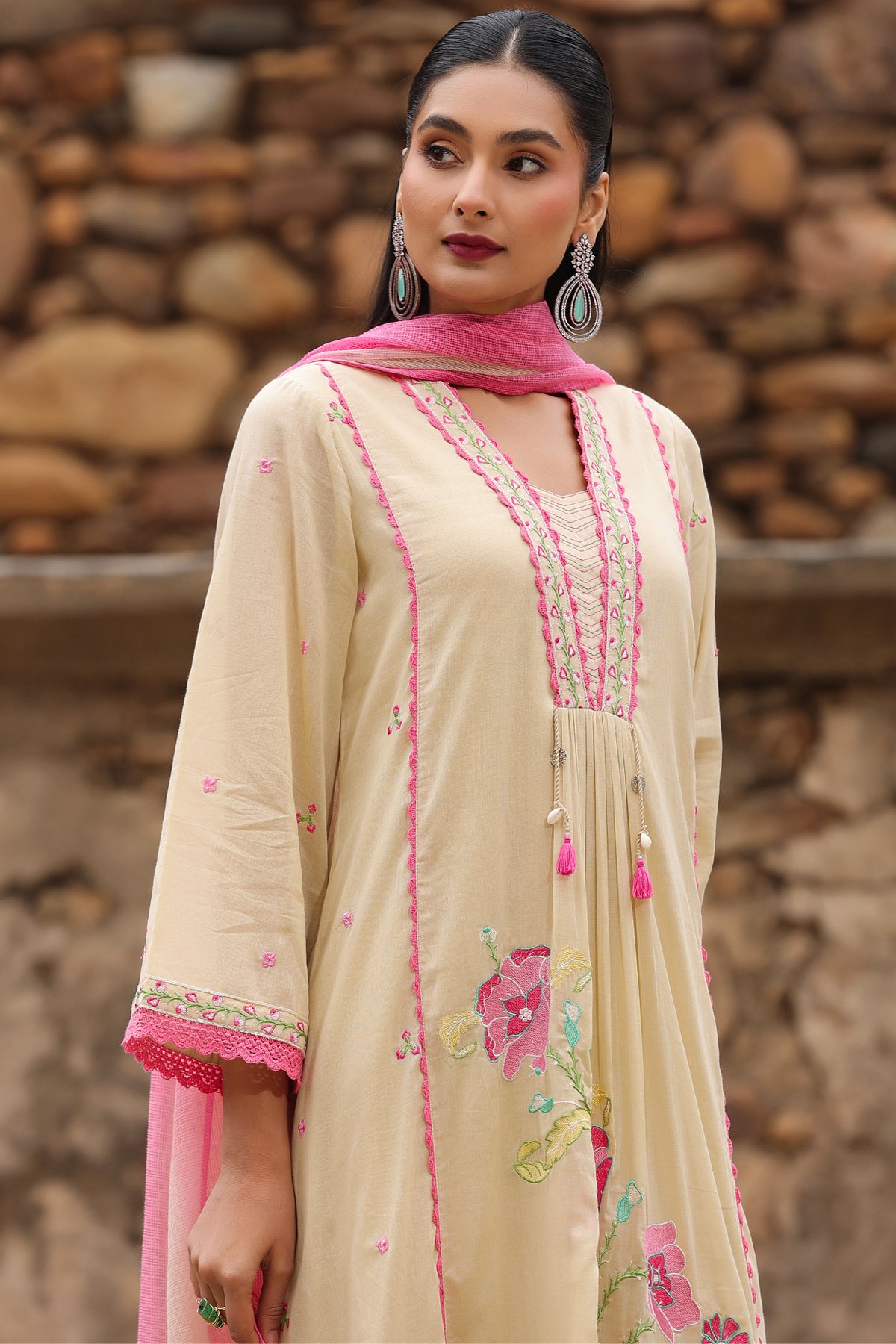 Beige Mul Mul Embroidered Suit Set With Dupataa