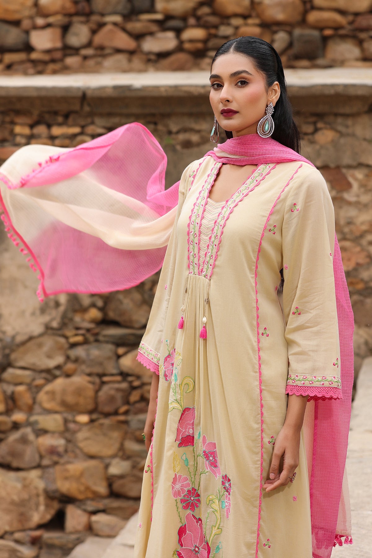 Beige Mul Mul Embroidered Suit Set With Dupataa