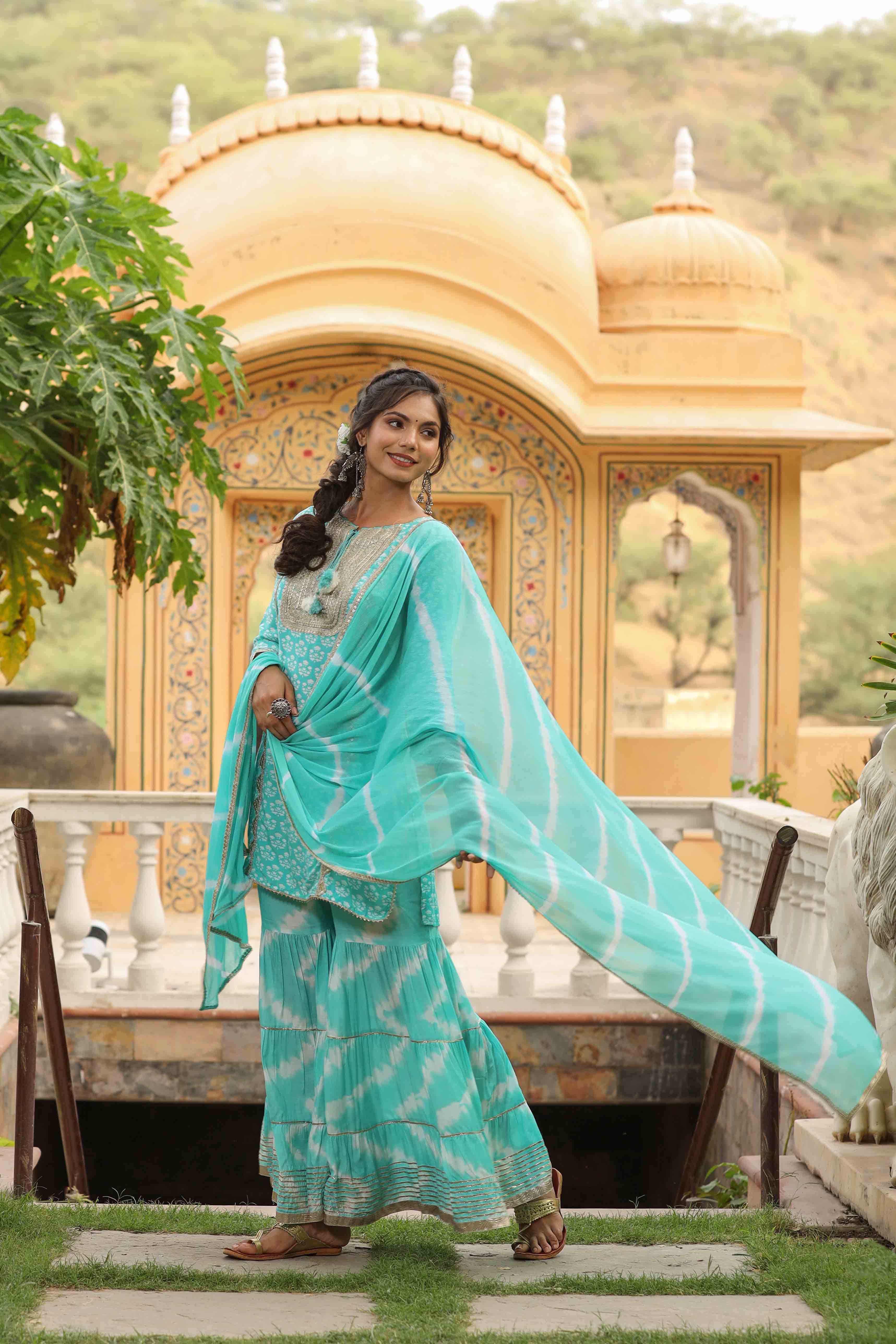 Sea Green Muslin Gotapatti Sharara Set