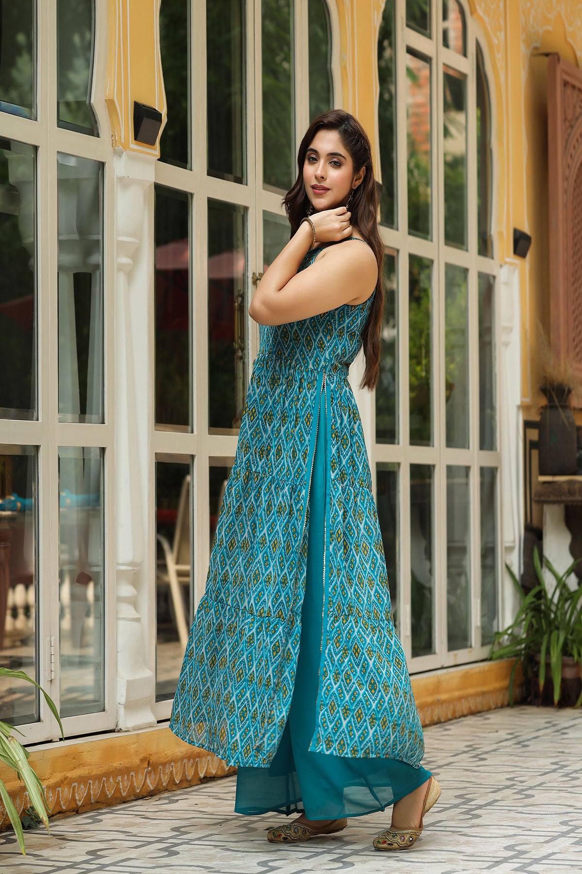 Blue Georgette Handwork Flared Suit