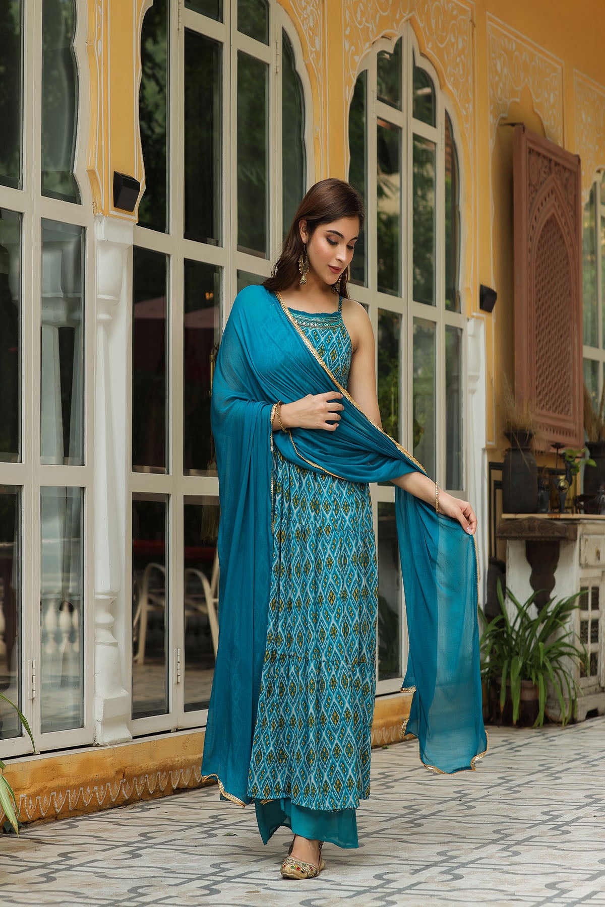 Blue Georgette Handwork Flared Suit