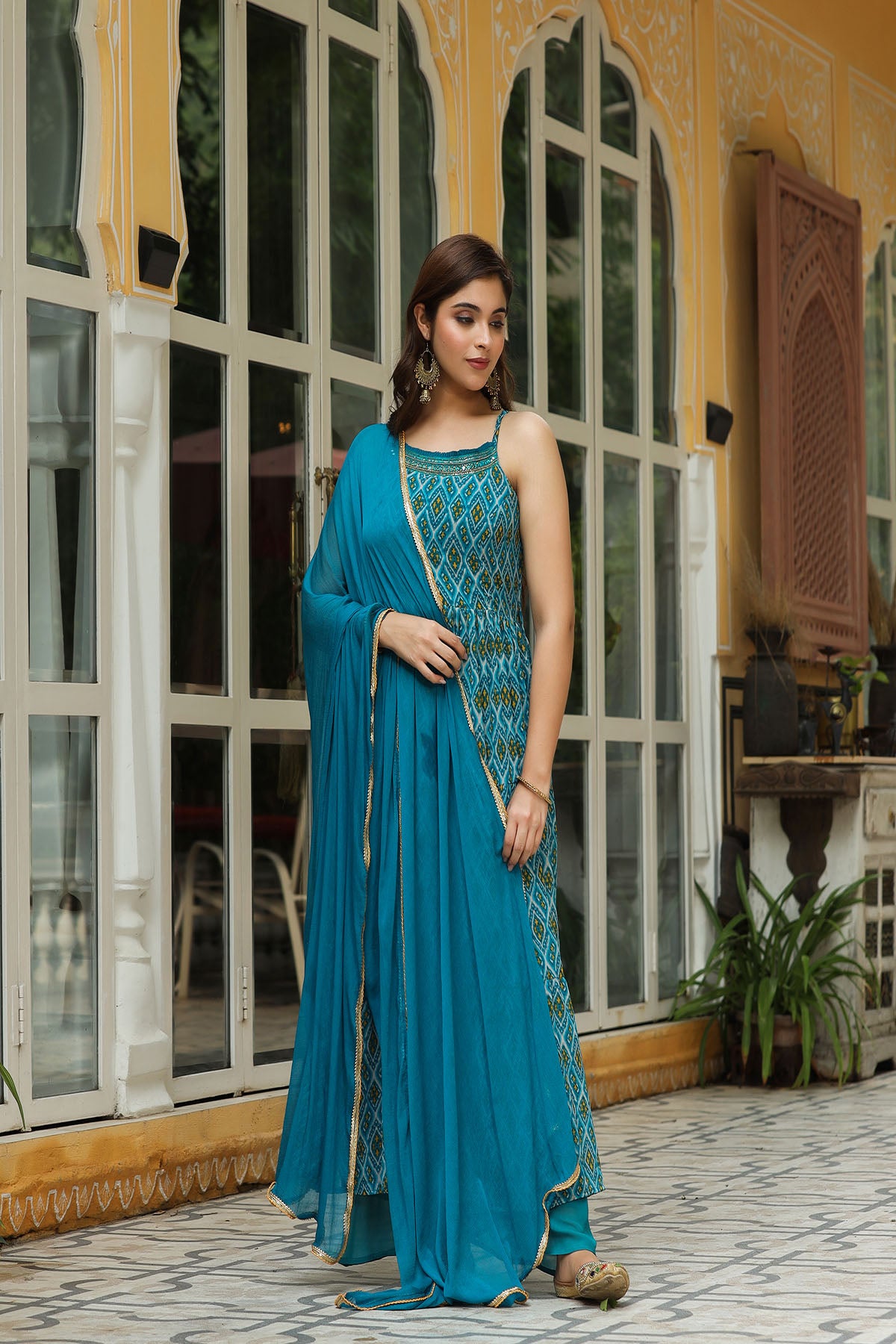 Blue Georgette Handwork Flared Suit